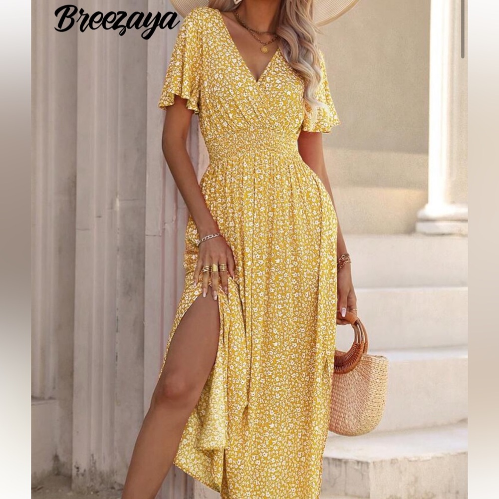 SHEIN Yellow Asymmetrical Floral Dress